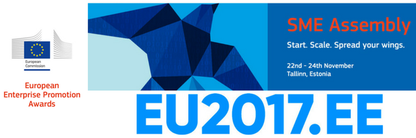 Grafika w kolorze niebieskim informujaca o Europejskich Nagrodach Promocji Przedsiębiorczości - data 22-24 listopada 2017, Tallin, Finlandia